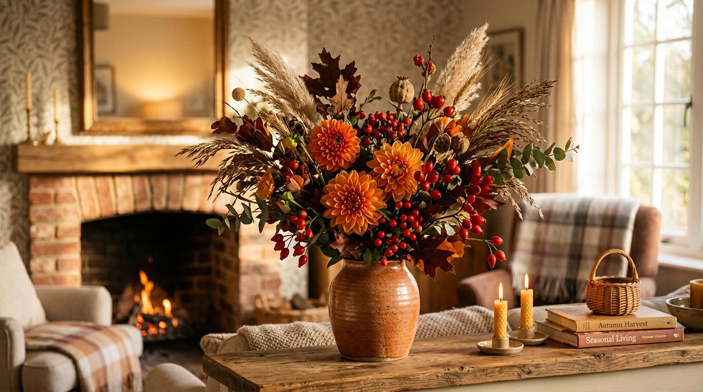 Composition florale automnale avec dahlias orange