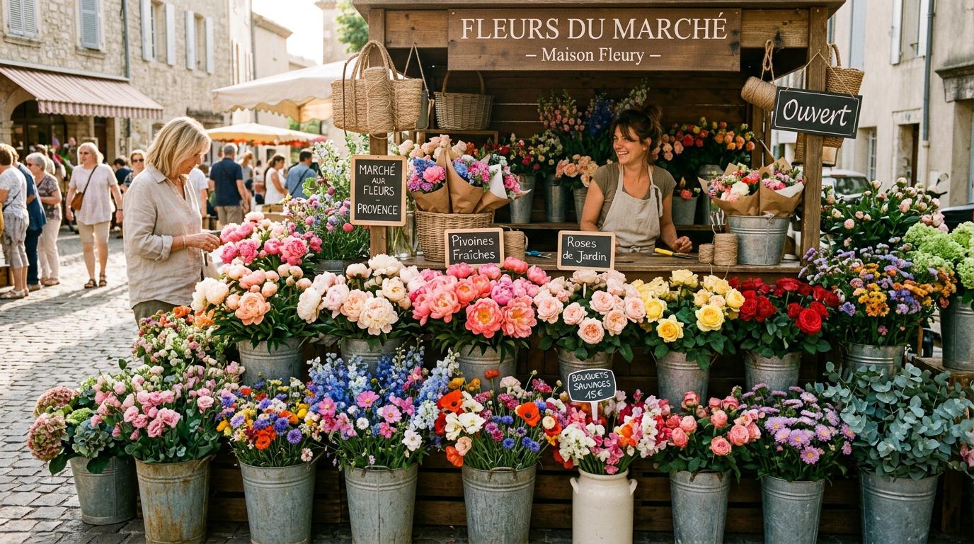 Marche aux fleurs francais avec pivoines et roses