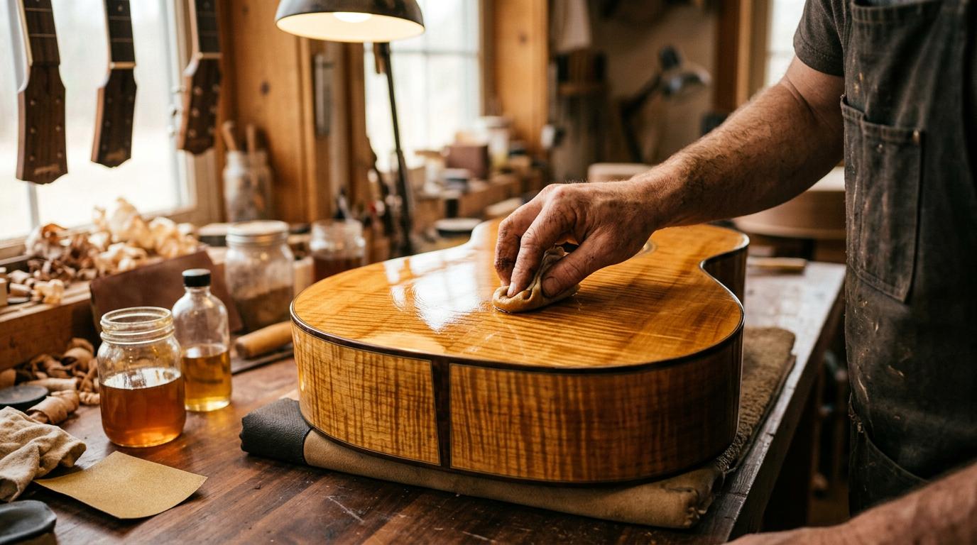 Application vernis tampon sur guitare - Finition lutherie