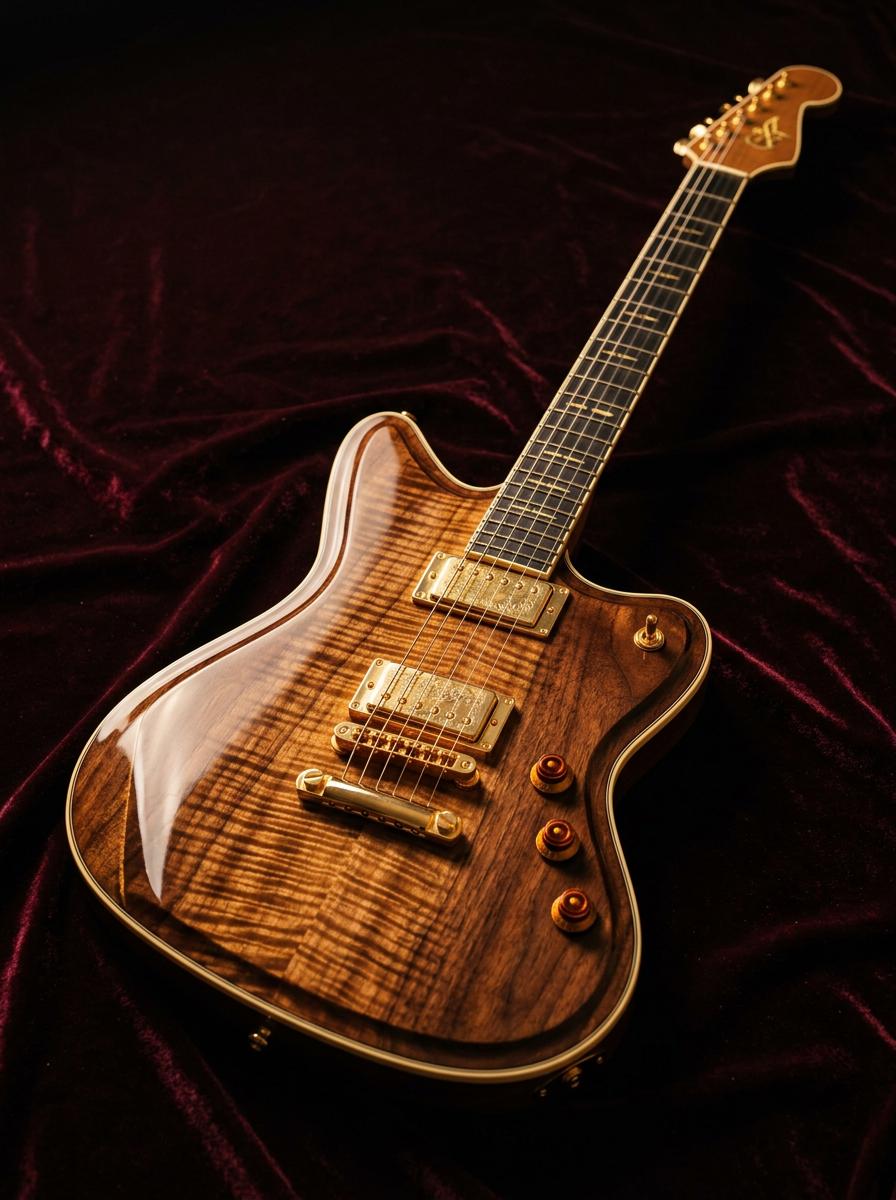 Guitare electrique sur mesure en �rable flamm� et noyer avec micros gold - Concept Lutherie Morangis