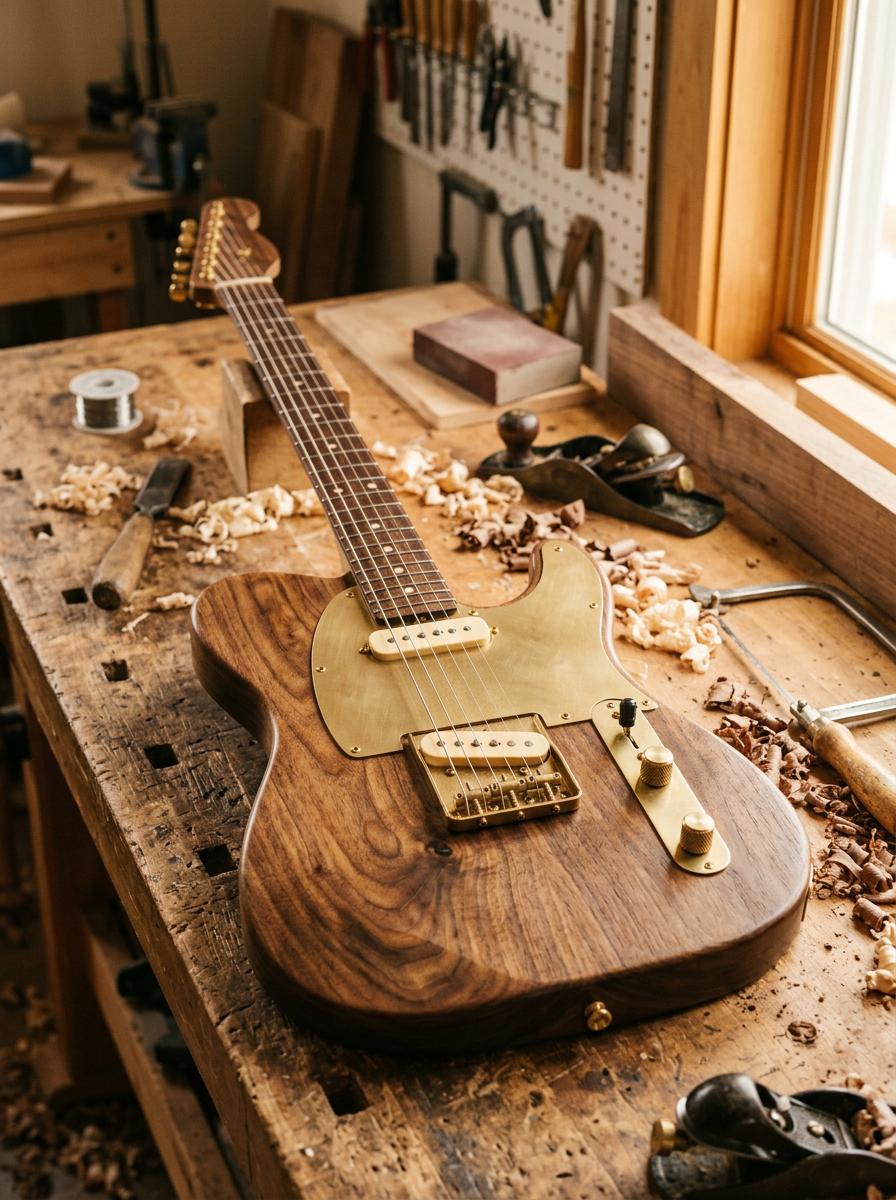 Guitare electrique en noyer naturel avec pickguard laiton - Lutherie artisanale