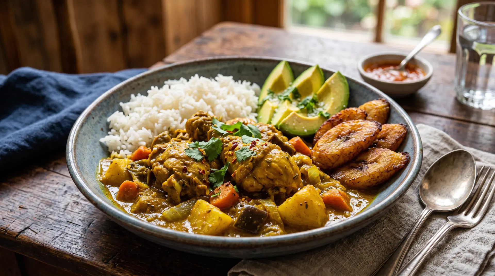 Colombo de poulet antillais, plat traditionnel caribeen avec riz, avocat et bananes plantains