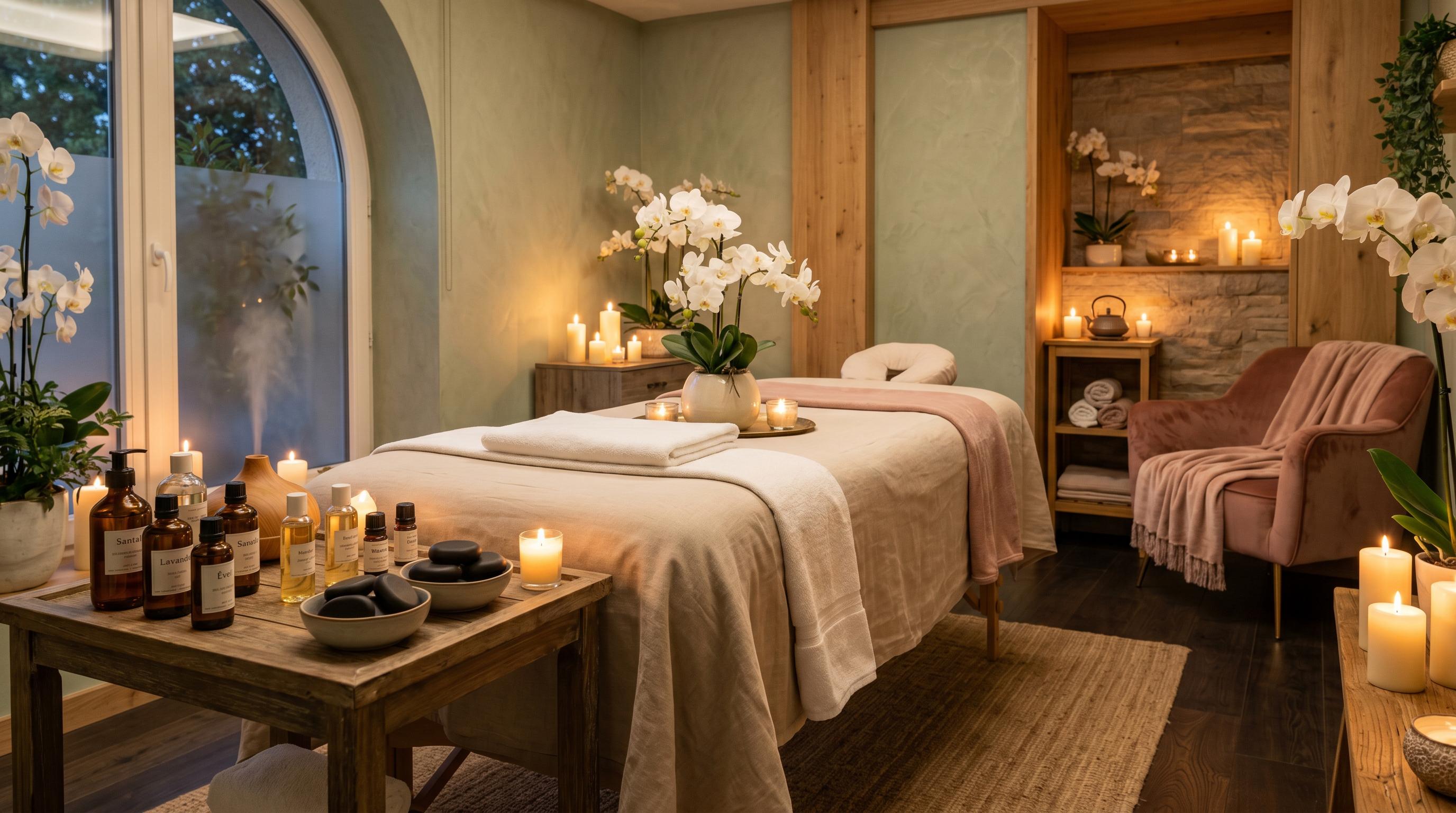 Ambiance spa apaisante avec bougies et huiles essentielles