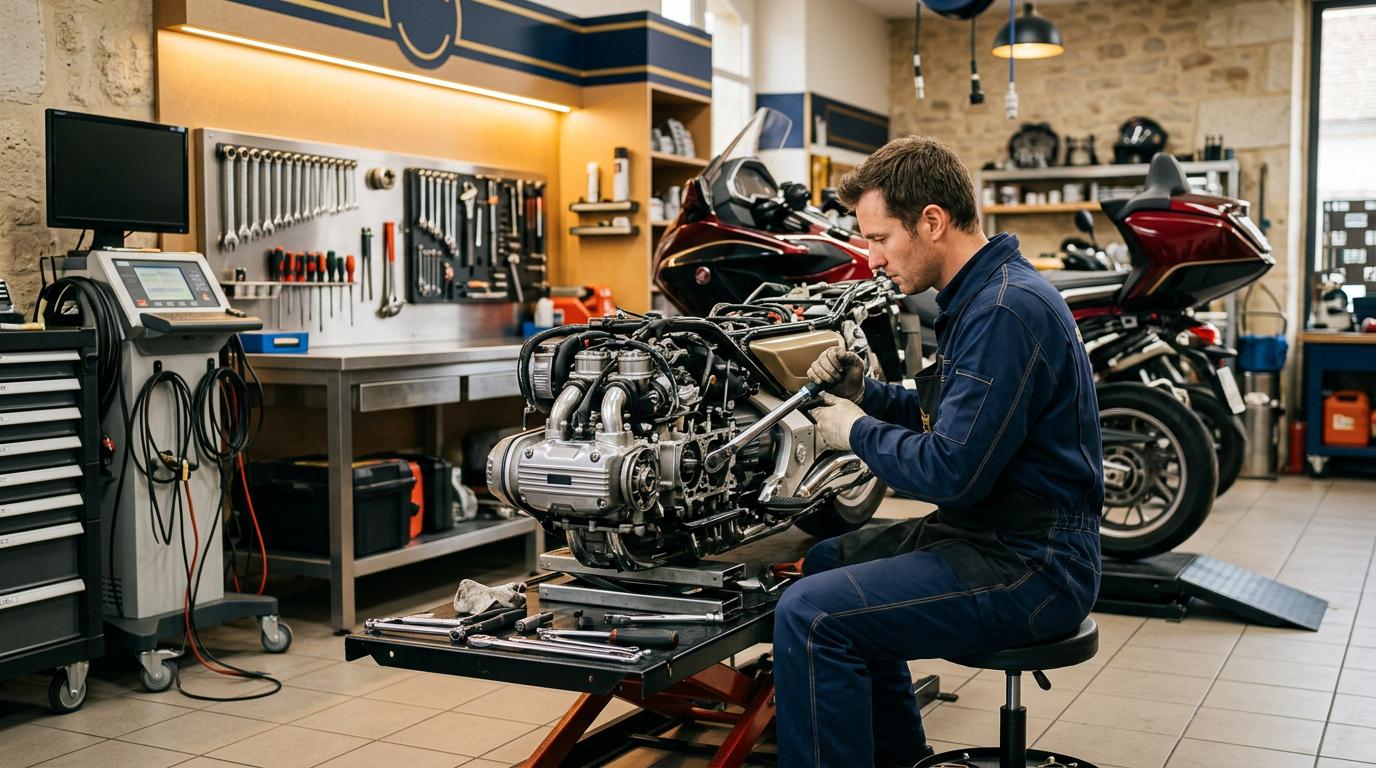 Mécanicien ALS MOTO au travail dans l'atelier