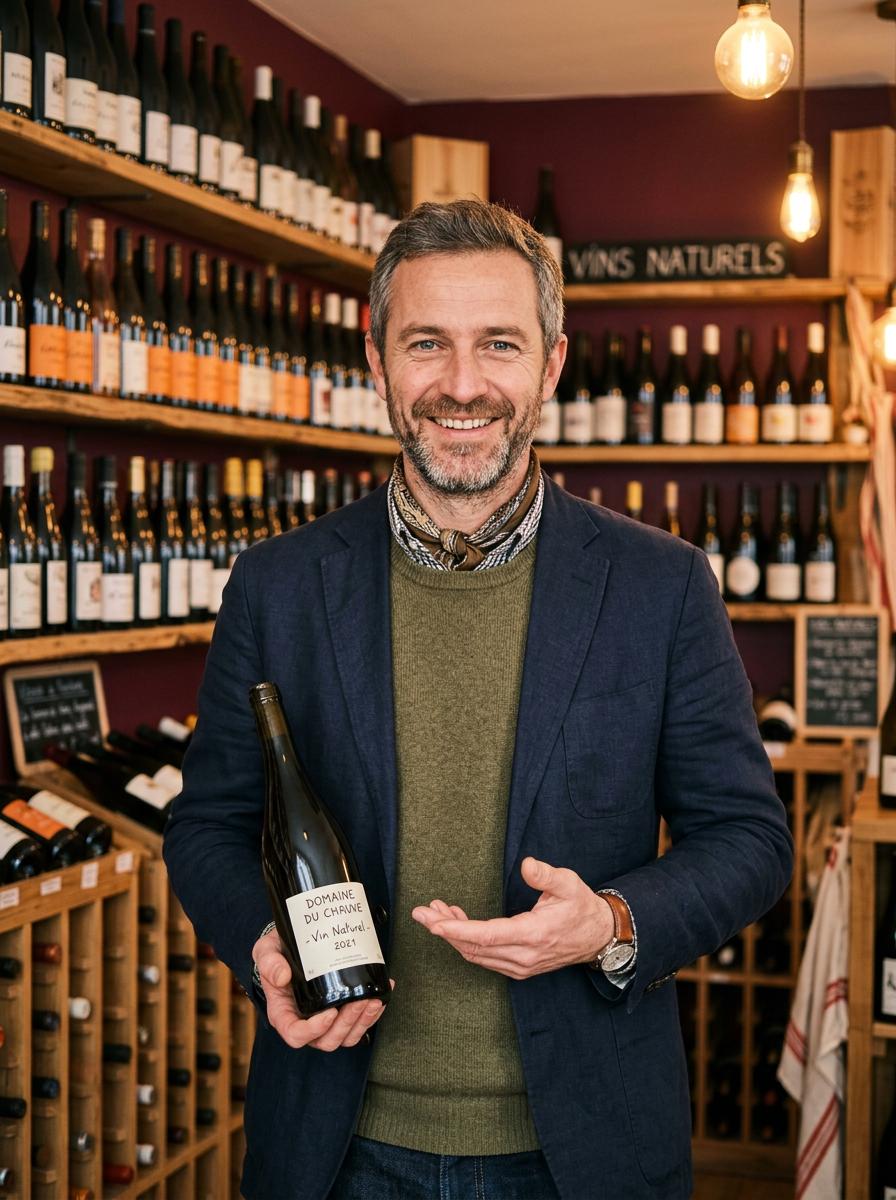Le caviste du Chant du Vin dans sa boutique a Avrainville