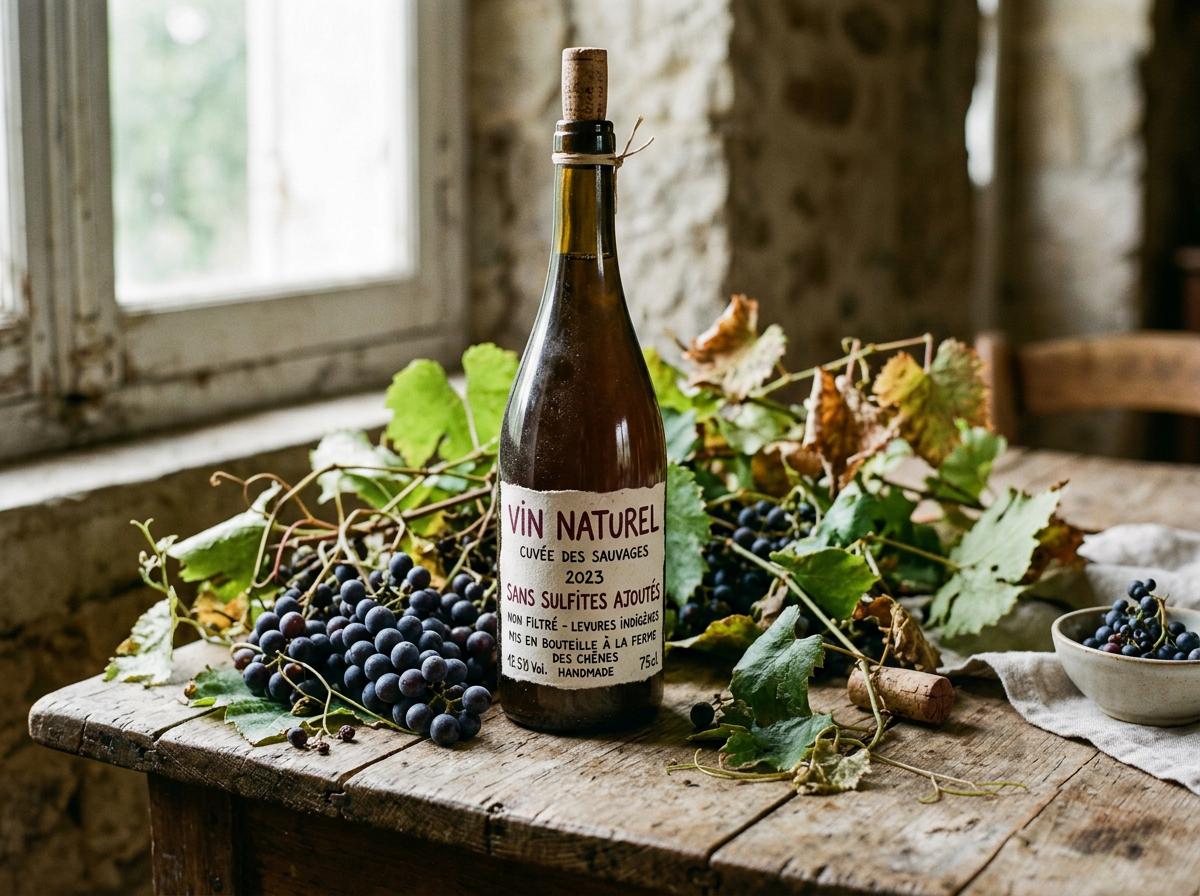 Bouteille de vin naturel artisanal avec raisins