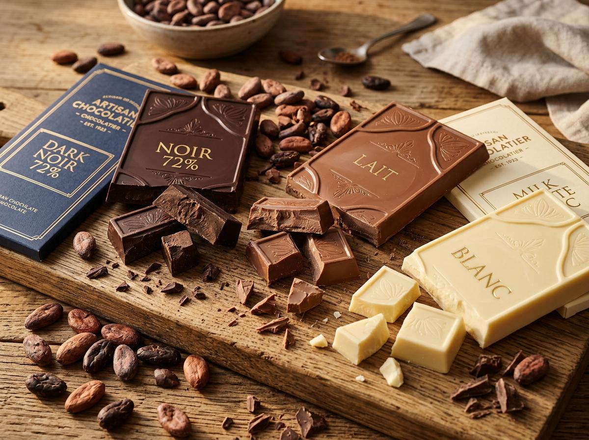 Tablettes de chocolat artisanal noir, lait et blanc