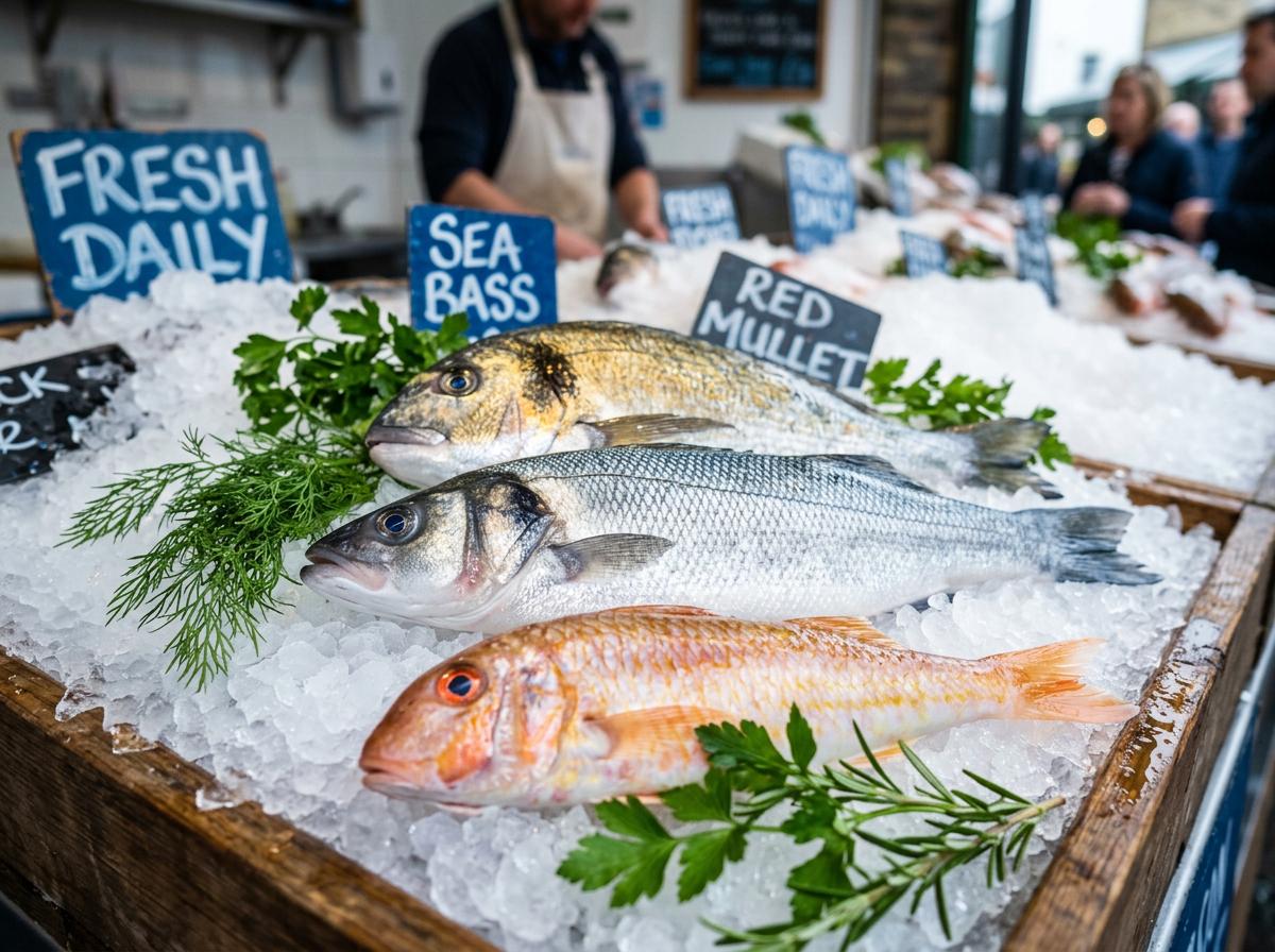 Poissons frais entiers - bar, dorade, sole
