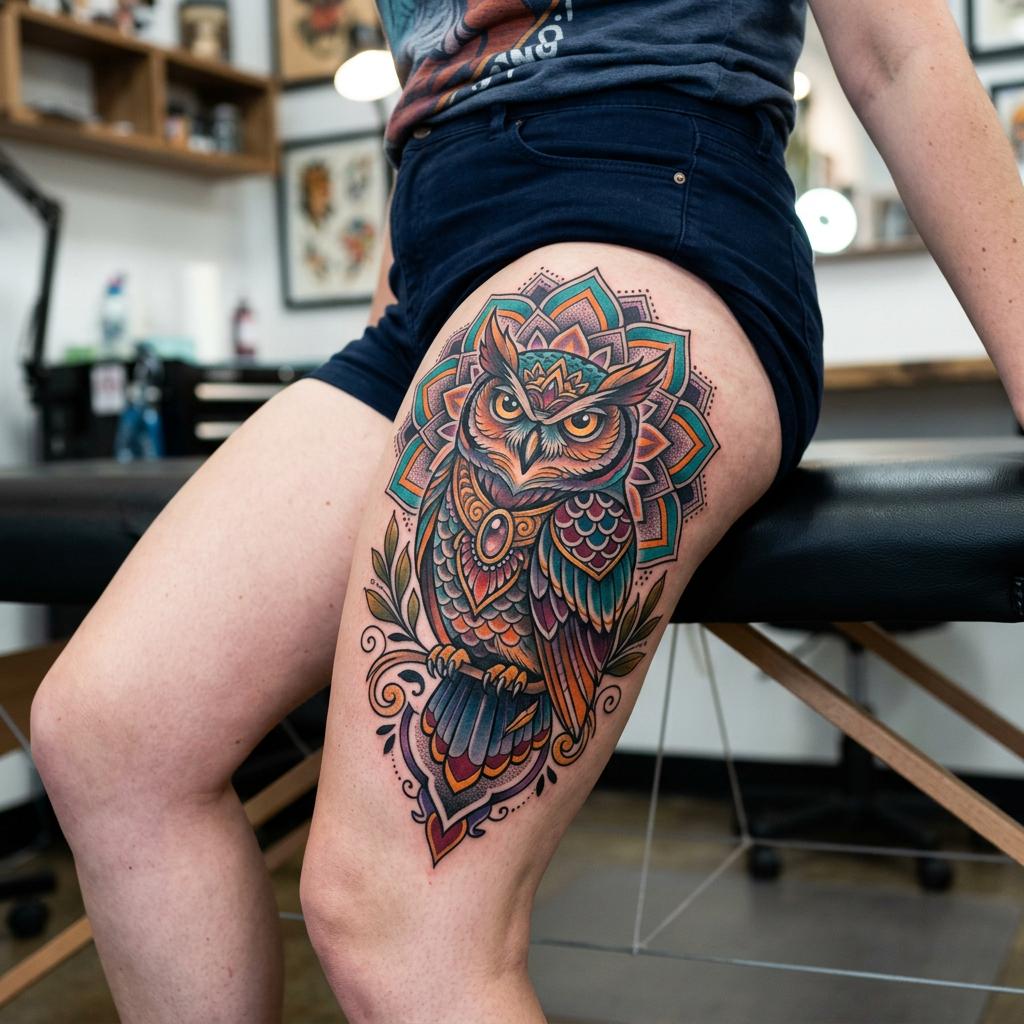 Tatouage hibou néo-traditionnel