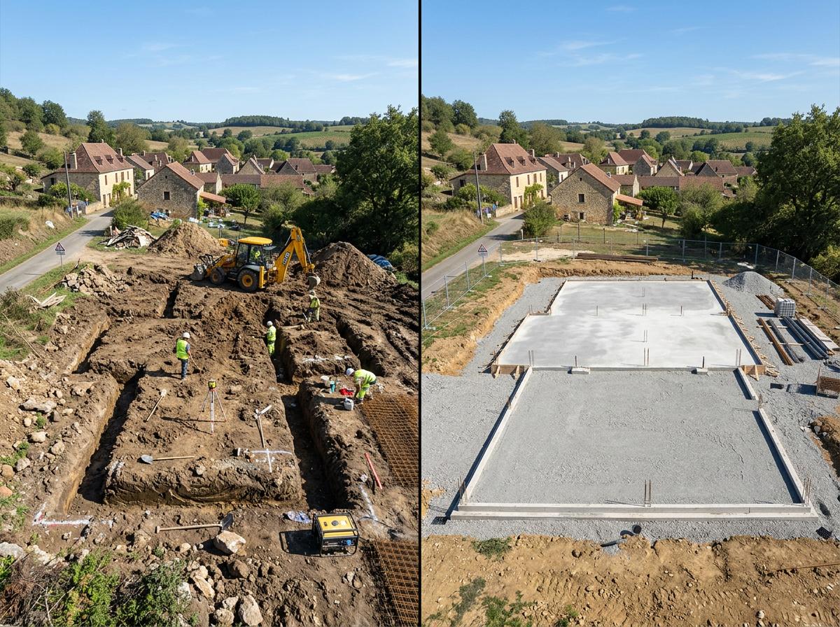 Terrassement fondations maison avant apres Essonne